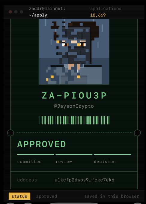 A screenshot of a digital application interface showing a pixelated character, with the text 'Z A-P I O U 3 P', '@JaysonCrypto', and an 'APPROVED' status in green.
