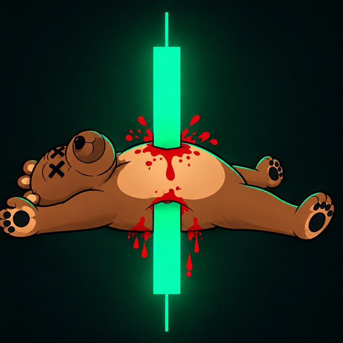 A dark digital illustration shows a brown teddy bear lying on its back with X-shaped eyes, impaled through the torso by a glowing green rectangular pillar with red blood splattering.