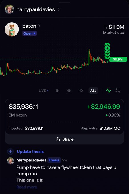 Harry Paul Davies shares a portfolio screenshot showing a 3M position in $baton with a current value of $35,936.11 (+$2,946.99, +8.93%) against a $11.9M market cap, while his thesis states that Pump needs a flywheel token to fuel its pump runs, and he believes $baton is the chosen one.