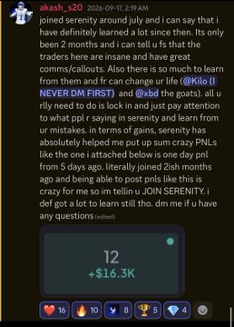 A Telegram-style post by @akash_s20 shares a testimonial about a crypto trading group, alongside a screenshot showing a +$16.3K gain over 12 days, with the account handle @kilo (NEVER DM FIRST) offering paid trading advice. The accompanying promotional caption ties this success story to the current crypto market rally, particularly highlighting SOL's rise above $120 as a prime opportunity to join the group.