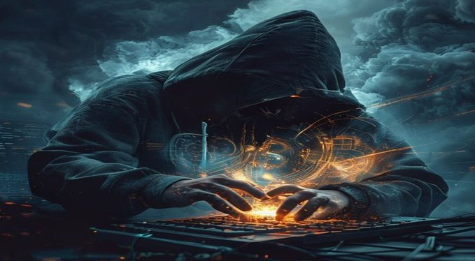 A hooded figure in dark clothing is shown manipulating glowing orange digital interfaces and holographic displays above a dark surface, suggesting a hacking or cryptographic scene.