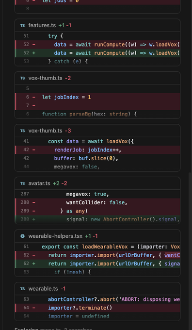 A code editor displays recent git changes across files including features.tsx, vox-thumb.ts, avatars.ts, and wearables.ts, showing additions and deletions in TypeScript code.