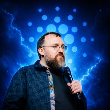 A bearded man with glasses speaks into a microphone against a dramatic backdrop of blue lightning bolts and circles, with the image's visual energy and tech-themed atmosphere complementing the post's enthusiastic message about Cardano's foundational use of the UTXO model—now validated by Ethereum's exploration of the same architecture.