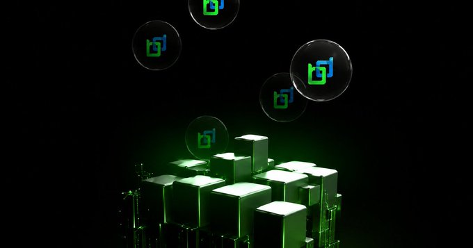 A dark, stylized 3D rendering shows glowing green cubes piled together with translucent bubbles floating upward, each bubble containing a green and blue geometric logo.