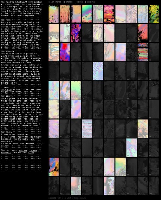 An on-chain NFT art display showing a column of contract code for 'COLORGRAMS' and 'CLDGR' on the left, and a grid of abstract, colorful artwork tokens on the right, with a 'contract is written to own which of these are yours' message at the bottom.