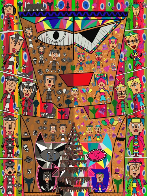 A colorful, abstract illustration features stylized figures, geometric patterns, and faces set against a vibrant background.