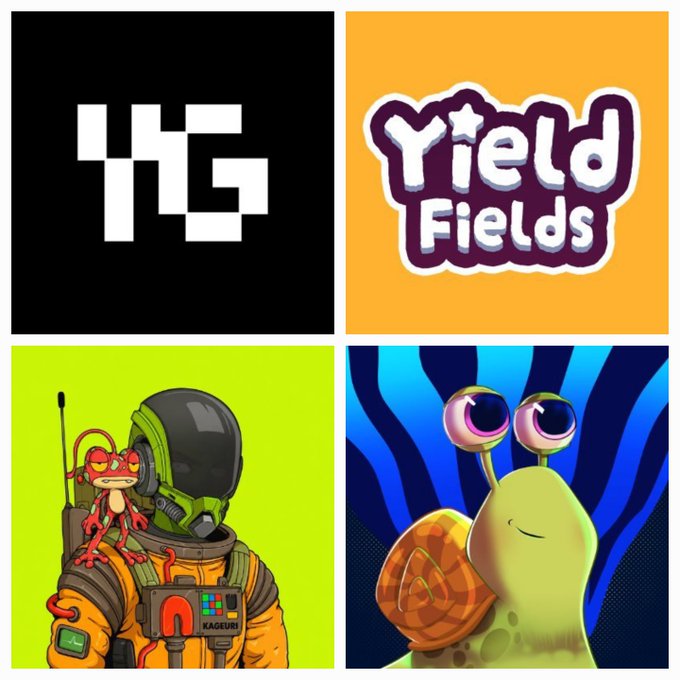 A four-panel collage featuring a pixel-art 'HG' logo on black, a 'Yield Fields' cartoon logo on orange, an astronaut with a red frog on a green background, and a smiling snail on a blue striped background.