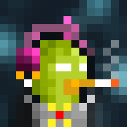 Pixel art of a green bird-like character wearing a purple hat, holding a cigarette, set against a dark blue background.