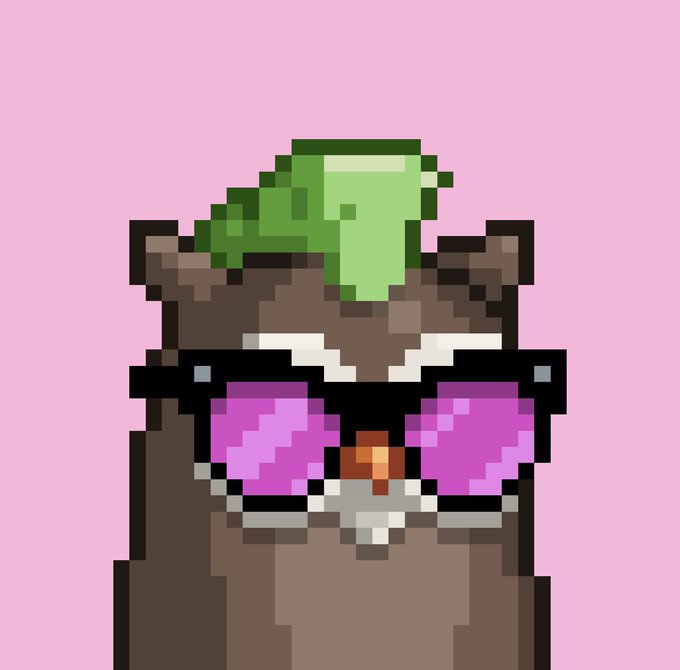 A pixel art illustration of a brown character wearing pink-lensed sunglasses and a green leaf-like accessory on its head against a pink background.