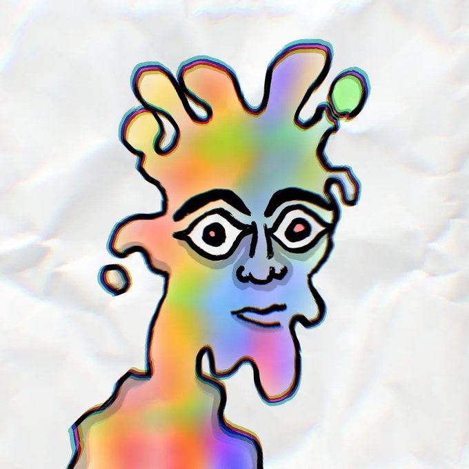 A colorful, psychedelic illustration of a figure with a melting/dripping form featuring rainbow hues, with prominent eyes and rainbow aura effects on a crumpled white background.