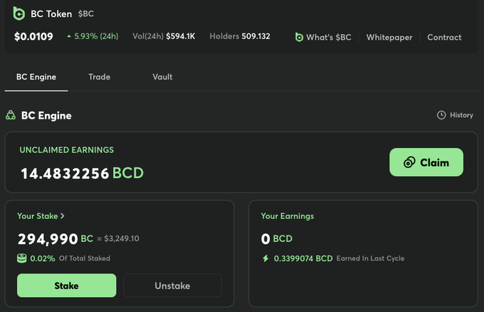 A screenshot of a page displaying an engine with various information, including trade fees such as $98,380BCD (claimable), unclaimed funds like $14,813,550BCD, and claims including 0BCD. The text on this page also provides insights into the platform and user experience.