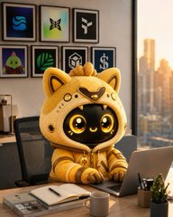 A cute, anime-style cat character wearing a yellow hoodie with crescent moon designs sits at a desk working on a laptop.