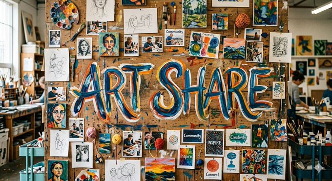 An art studio interior featuring a large wooden board with 'ART SHARE' painted in colorful letters, surrounded by various paintings, sketches, and art supplies.