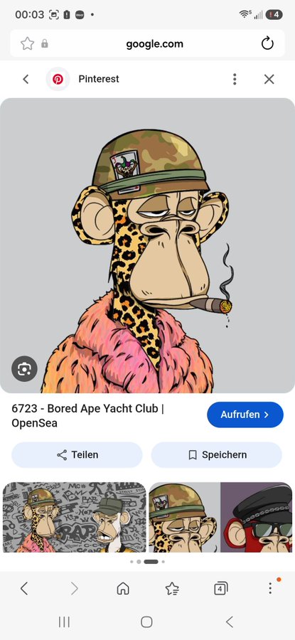 A Pinterest/OpenSea page on Google.com displaying a Bored Ape Yacht Club NFT (#6723), with German buttons 'Teilen' and 'Speichern'.