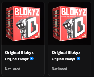 Two identical digital collectible cards labeled 'Original Blokyz' with a red box illustration, marked 'Not listed'.