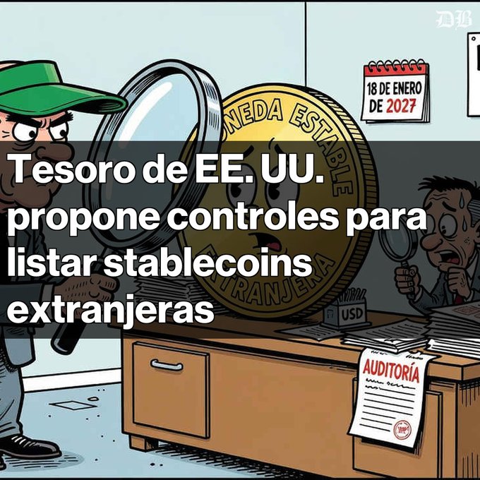 A cartoon image depicting officials inspecting a coin with a magnifying glass, overlaid with the Spanish text 'Tesoro de EE. UU. propone controles para listar stablecoins extranjeras'.