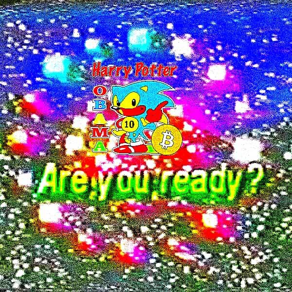 A glitchy, pixelated, and heavily distorted image featuring a Sonic the Hedgehog character alongside the text "Harry Potter OBAMA" and "Are you ready?" set against a colorful, noisy background.
