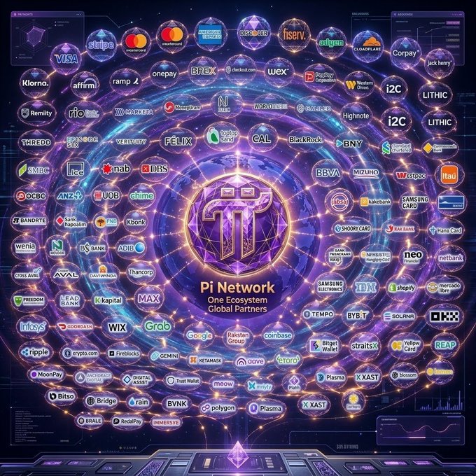 A digital illustration showing 'Pi Network One Ecosystem Global Partners' surrounded by numerous company logos including Visa, Mastercard, Stripe, Affirm, Samsung, Google, Coinbase, and many more arranged in a circular galaxy-like pattern.