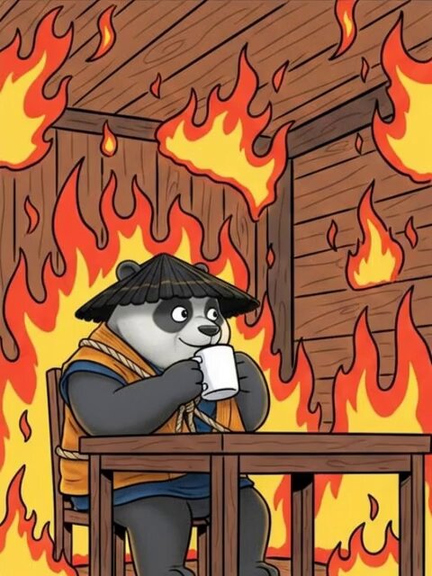 The image features a cartoon panda bear sitting at a table, with cups of coffee in front of him. The background is filled with flames or fire. It appears that there might be some connection between the characters, such as the fire or the fire being used for something else than just warmth. The caption suggests that this scene could be part of an advertisement or promotion related to a brand named "Gm Sol" and has been around for several years.