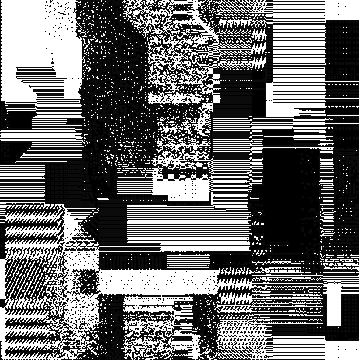 A black and white abstract image composed of dense horizontal lines, patterns, and fragmented shapes.