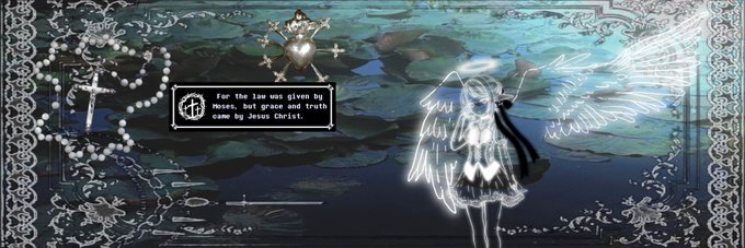 Gothic-style digital artwork featuring a glowing angel figure, a rosary, and a text box stating 'For the law was given by Moses, but grace and truth came by Jesus Christ.'