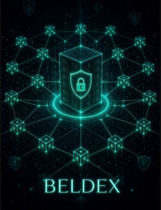A digital graphic displays 'BELDEX' beneath a central cube with a shield and padlock icon, surrounded by connected nodes on a dark, tech-themed background.