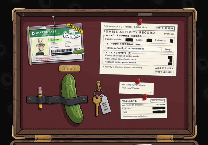 An illustrated open briefcase reveals a 'FOMIES ACTIVITY RECORD' document, an 'ACCESS PASS' for 'poxbee', a pickle, a gold key labeled '404', and wallet information pinned to the red leather interior.