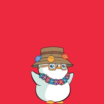 A cartoon penguin character wearing a hat adorned with small fish and a colorful flower lei, set against a solid red background.