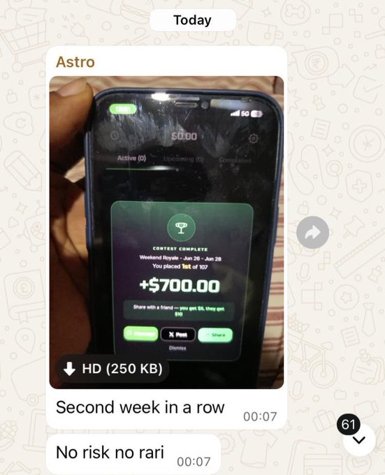 A hand holds a phone displaying an "Astro" app screenshot showing a "CONTEST COMPLETE" notification for the user's 107th contest placement with a "+$700.00" prize, labeled "Weekend Royale - Jan 26 - Jun 28." The caption paired with the boast "No risk no rari" serves as proof of consistent weekly winnings to support the post's claim of a "Free $700 update only for Android users."