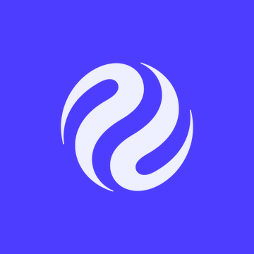 A minimalist white logo on a purple background featuring a stylized swirling 'S' shape.
