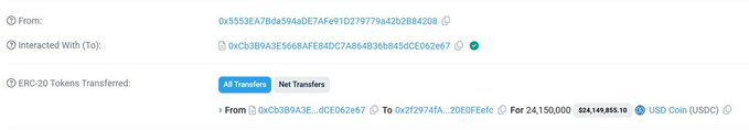 A blockchain transaction record shows 24,150,000 USDC transferred from address 0xCb3B9A3E...dCE062e67 to address 0x2f2974fA...20E0FEaFc, illustrating the AFX bridge exploit that drained approximately $24.15 million in USDC on July 22, 2026.