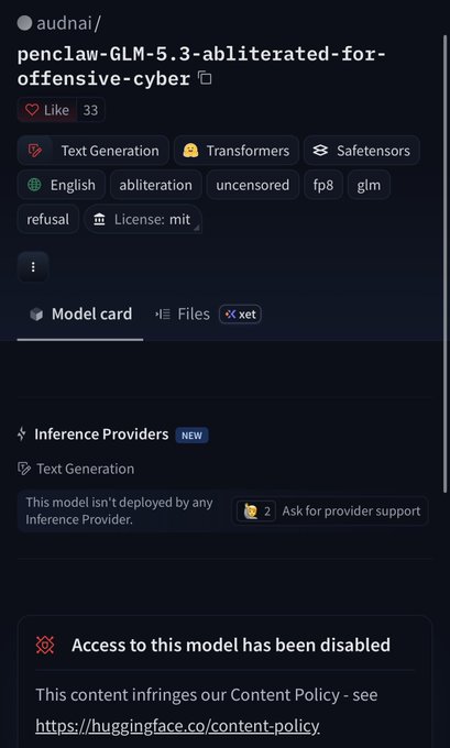 The image shows a Hugging Face model page for "audnai/penclaw-GLM-5.3-abliterated-for-offensive-cyber," which displays tags including "abliteration," "uncensored," "fp8," "glm," and "refusal," along with a notice stating "Access to this model has been disabled" due to content policy infringement. This relates to the post about Hugging Face introducing direct uploads and acquiring compute credits, illustrating why such policy changes and user benefits matter for hosting models that may push against platform content rules.