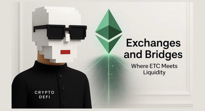 A pixelated figure wearing sunglasses and a "CRYPTO DEFI" shirt stands beside the Ethereum Classic logo with the text "Exchanges and Bridges: Where ETC Meets Liquidity," visually reinforcing the post's message about ETC's exchange and bridge infrastructure connecting the network to broader crypto liquidity.