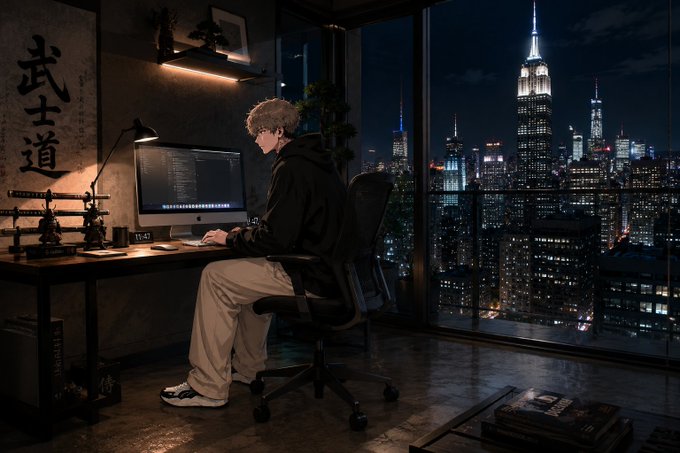 An anime-style illustration of a person working at a computer desk in a dimly lit room with Japanese kanji on the wall, overlooking a nighttime cityscape featuring the Empire State Building.