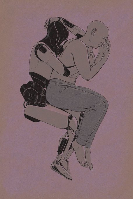 An emotional illustration shows a woman being tenderly held and comforted by a robot as she cries, set against a soft purple background—evoking themes of "unconditional love" amidst emotional vulnerability. This poignant artwork aligns with the artist "Blackpilled's" auction mentioned in the post, capturing the bittersweet blend of human emotion and artificial companionship.