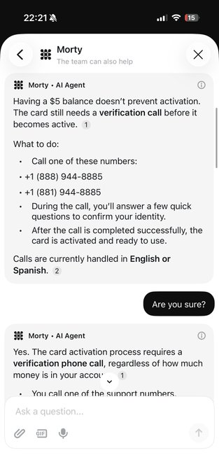 A smartphone screenshot of the Exa “Morty · AI Agent” chat shows card-activation instructions, including verification calls to +1 (888) 944-8885 or +1 (881) 944-8885 and a warning that activation requires a verification phone call. The image supports the post’s complaint by illustrating that a small Base transfer did not activate the card because Exa runs on Optimism and requires bridging.