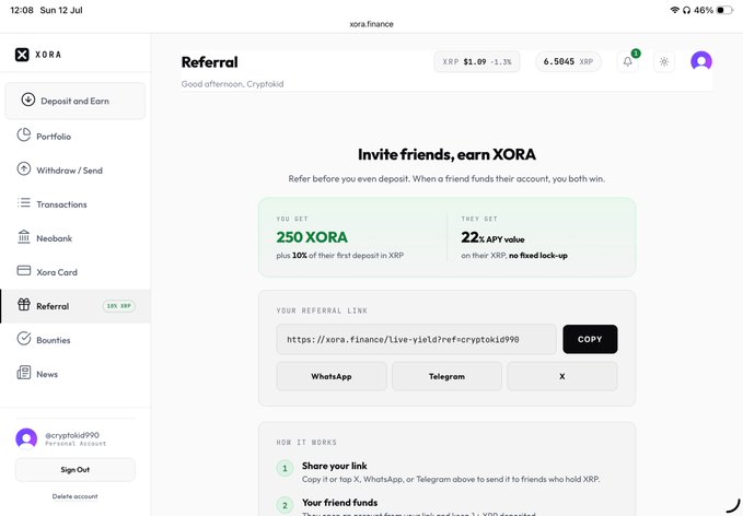 The image displays the XORA Finance referral page on a tablet, showing a personalized referral link for user @cryptokid990 offering 250 XORA plus 10% of friends' first deposits, with current XRP priced at $1.09. The page promotes XORA's yield-earning platform for XRP holders, complementing the post's message about putting idle XRP assets to work in DeFi rather than simply holding them.