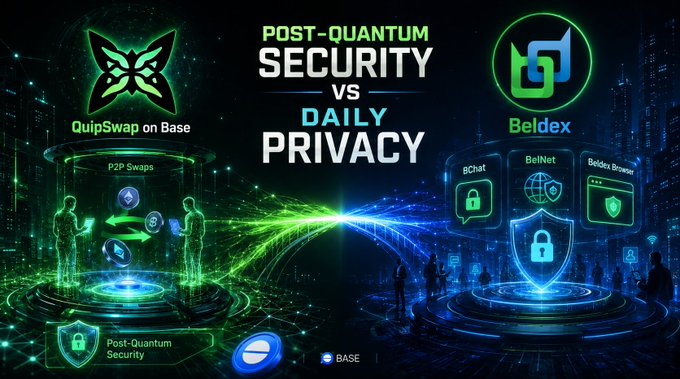 A promotional graphic comparing 'POST-QUANTUM SECURITY' with 'DAILY PRIVACY' featuring the QuipSwap on Base logo alongside Beldex, highlighting features like BChat, BelNet, and Beldex Browser.