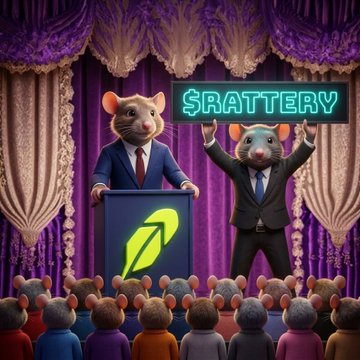 An illustration of two anthropomorphic mice on a stage; one stands at a podium with a green leaf emblem, while the other gestures next to a neon sign reading '$RATTERY', with an audience of mice watching below.