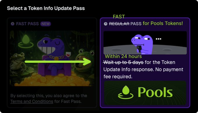 A "Select a Token Info Update Pass" interface shows two options: a "FAST PASS" with a new tag featuring a purple character and gold coins, and a "REGULAR PASS for Pools Tokens!" offering free updates within 24 hours instead of the usual 5-day wait. The accompanying post promotes Round 2 of the Robinhood Fast Pass promotion by Pools.trade, instructing users to select "REGULAR PASS" to receive free fast-track token updates.