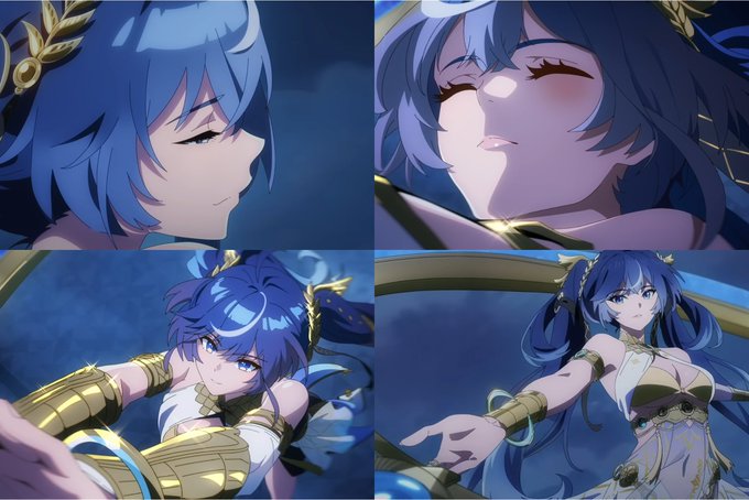 A four-panel collage of an anime-style female character with blue hair in various poses.