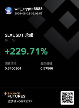 The image displays a Binance Futures position card showing a long (5x leverage) trade on SLXUSDT perpetual with a +229.71% unrealized gain, entry price 0.3100204 and latest price 0.57566, posted by wei_crypto8888 on 2026-06-28. It complements the post celebrating the massive Solana memecoin (SLX) pump and inviting others to guess its next move with 27 days remaining.