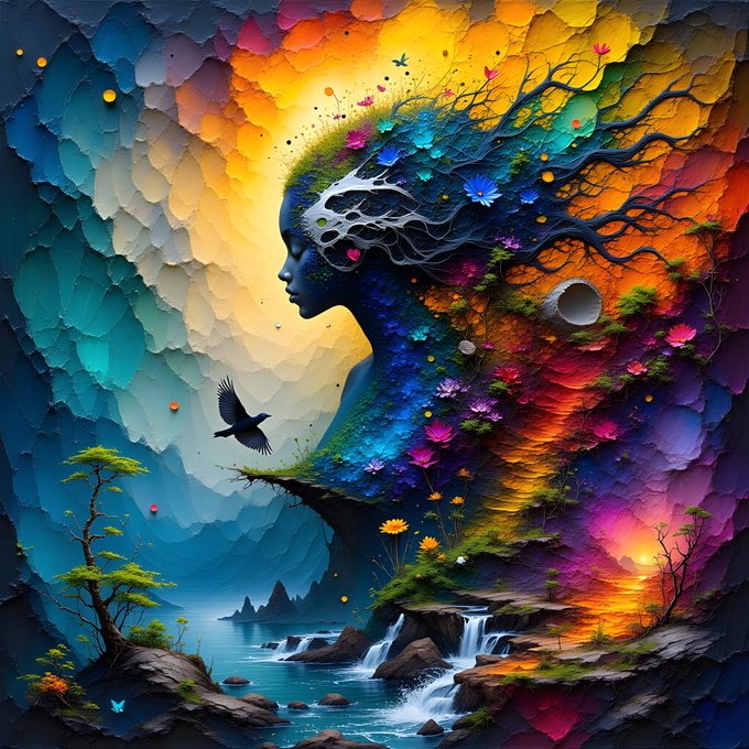 A surreal, vibrant artwork depicts the profile silhouette of a woman whose flowing hair transforms into branches adorned with flowers and foliage, merging seamlessly into a dreamlike landscape of waterfalls, mountains, and a soaring bird beneath a radiant sun.

The image captures the ethereal, otherworldly essence of the "GM Day 225: Out of this world" message, transforming the abstract concept into a visual celebration of imagination and natural beauty.