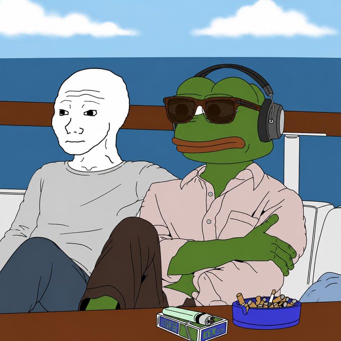 The image depicts the popular Pepe the Frog meme in a "chill" style, wearing sunglasses and headphones while sitting next to a Wojak character, with a pack of Marlboro cigarettes and an ashtray filled with butts on the table. The scene relates to the post's reference to "bro" (Pepe) and "things are going to get red hot," cleverly tying the "Marlboro Red" cigarettes in the image to the bullish sentiment about Pepecoin ($pepecoineth).