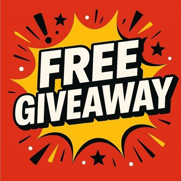 A comic-style 'FREE GIVEAWAY' graphic with bold white text on a yellow burst shape, surrounded by stars and exclamation marks on a red background.