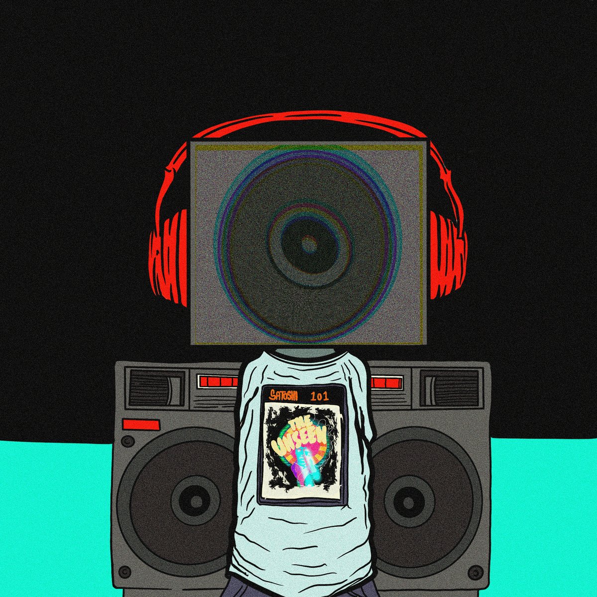 The image features a cartoon-style head with headphones attached, giving the impression of a person wearing headphones while standing next to two speakers. The background is black, which contrasts with the colorful headphones and speaker designs. The caption reads "Dysfunctionals dropping soon. This is for all my @theunseenbtc holders landscapes and patterns collectors. Original family gets priority. Drop your ETH wallet. Scammers are active - trust me @sicKo_77 or @Soathefirstt only."