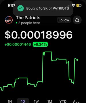 A crypto trading app screenshot showing a token called 'PATRIOTS' priced at $0.00018996, up 8.24%, with 10.3K bought recently.