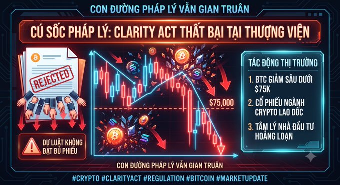 A Vietnamese crypto market graphic titled 'CON ĐƯỜNG PHÁP LÝ VẢN GIAN TRUÂN' showing that the Clarity Act was rejected by the Senate, causing Bitcoin to drop sharply below $75,000, with hashtags #CRYPTO #CLARITYACT #REGULATION #BITCOIN #MARKETUPDATE.