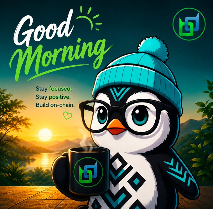 A cartoon penguin wearing a teal beanie and glasses holds a steaming mug, with the text 'Good Morning', 'Stay focused. Stay positive. Build on-chain.' and an 'GM' logo on a sunrise background.