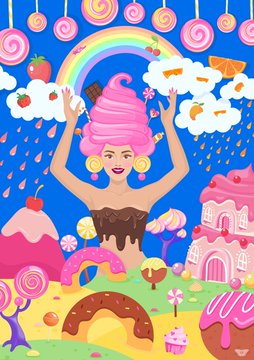 A colorful, whimsical digital illustration featuring a woman with pink cotton candy-like hair, surrounded by lollipops, ice cream, and candy-themed clouds.